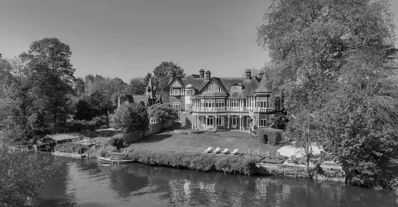 River Arts Club, Maidenhead, seen across the Thames in black and white